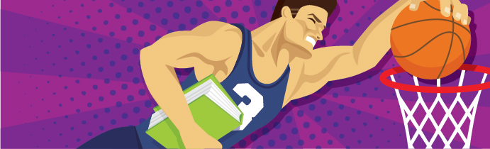 Illustration of a teenager dunking a basketball.
