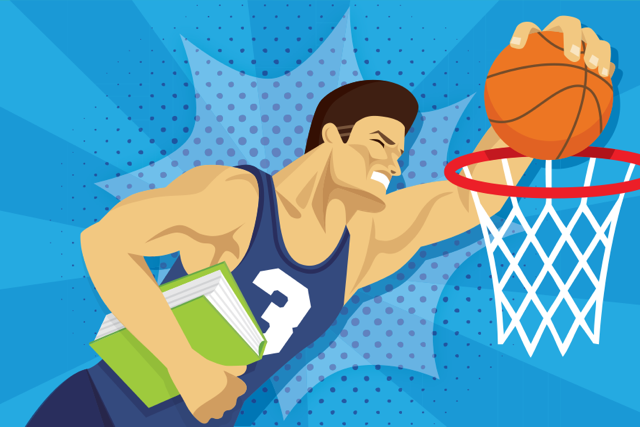 Illustration of a teenager dunking a basketball.